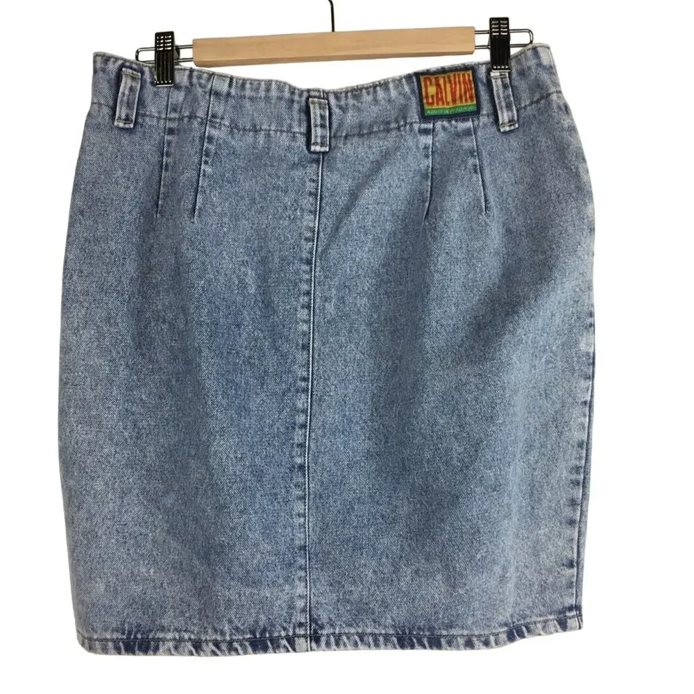 Vintage 90s Calvin Klein Denim Mini Skirt Acid Wash Blue Retro High Rise Large